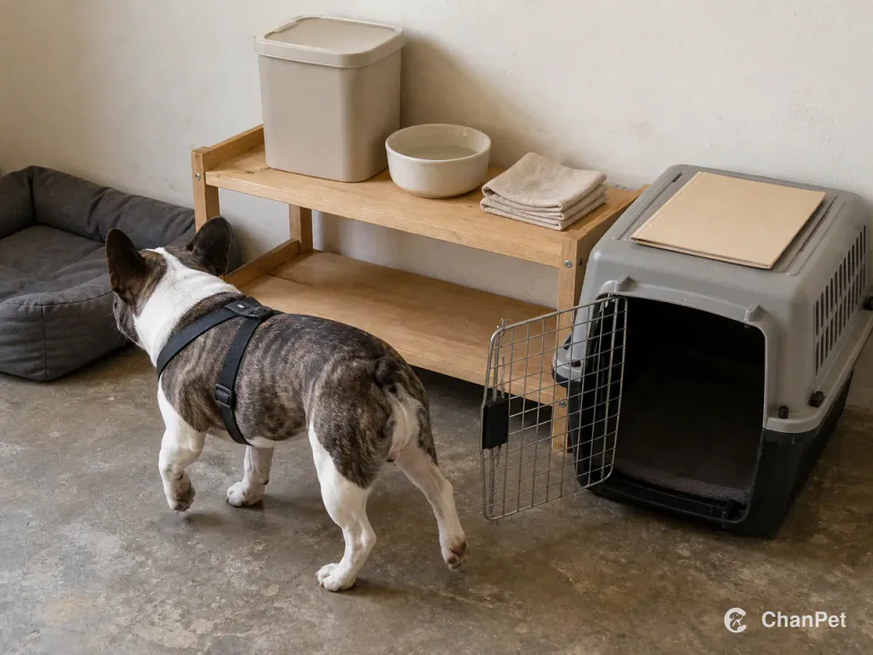 一只穿着合身胸背的法国斗牛犬走过朴素照护角,旁边有食物桶、水碗、护理毛巾、睡垫、无字健康资料夹和打开的运输箱。