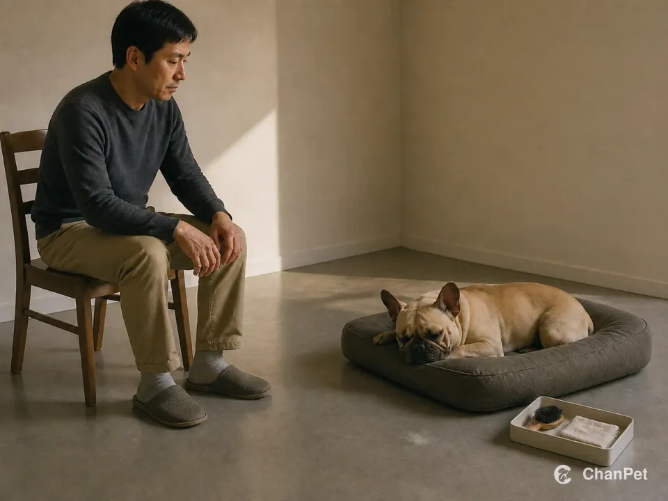 An adult French Bulldog sleeps on a washable bed while an adult observes from several feet away, with a soft brush and cleaning cloth on a nearby tray.