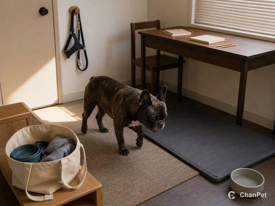 An adult brindle French Bulldog walks from a warm entry runner toward a shaded recovery mat and water bowl, with the daily harness and leash hung by the door, an open backup tote holding a second leash, folded towel and bowl on the bench, and only closed blank notebooks on the desk.