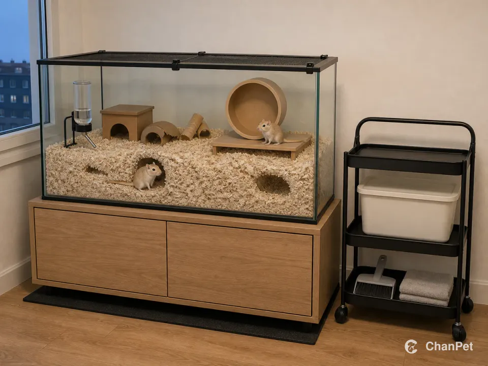 Two gerbils use separate areas of a closed deep-bedding tank, with a solid wheel and complete cleaning cart beside the cabinet