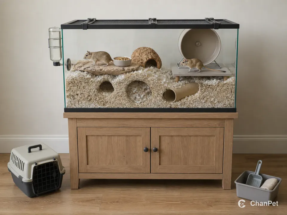 Two gerbils move separately inside a deep-bedding tank with water, food, a solid wheel, hides, a travel carrier and cleaning supplies