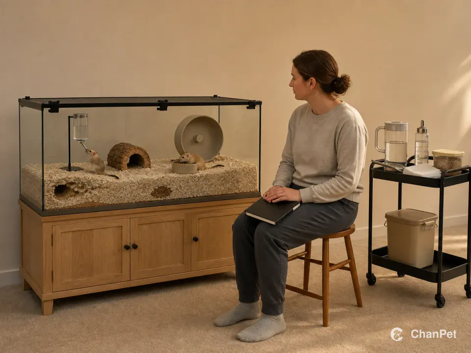 Two gerbils drink and eat separately while a caregiver observes the closed deep-bedding habitat beside a water and cleaning cart
