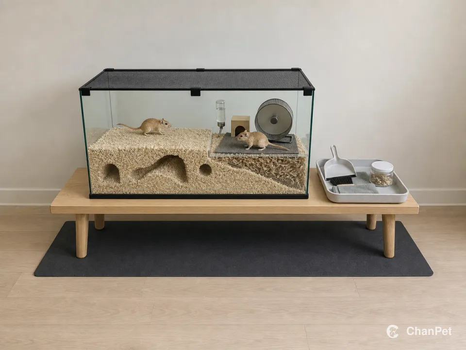 Two gerbils use separate deep-bedding and wheel zones under a closed mesh lid, beside an external spot-cleaning tray