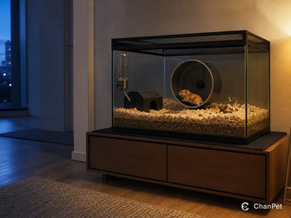 A golden Syrian hamster begins using a solid wheel at dusk inside a wide glass habitat with a closed mesh lid, deep bedding, a hide, water, and a vibration mat beneath the cabinet.