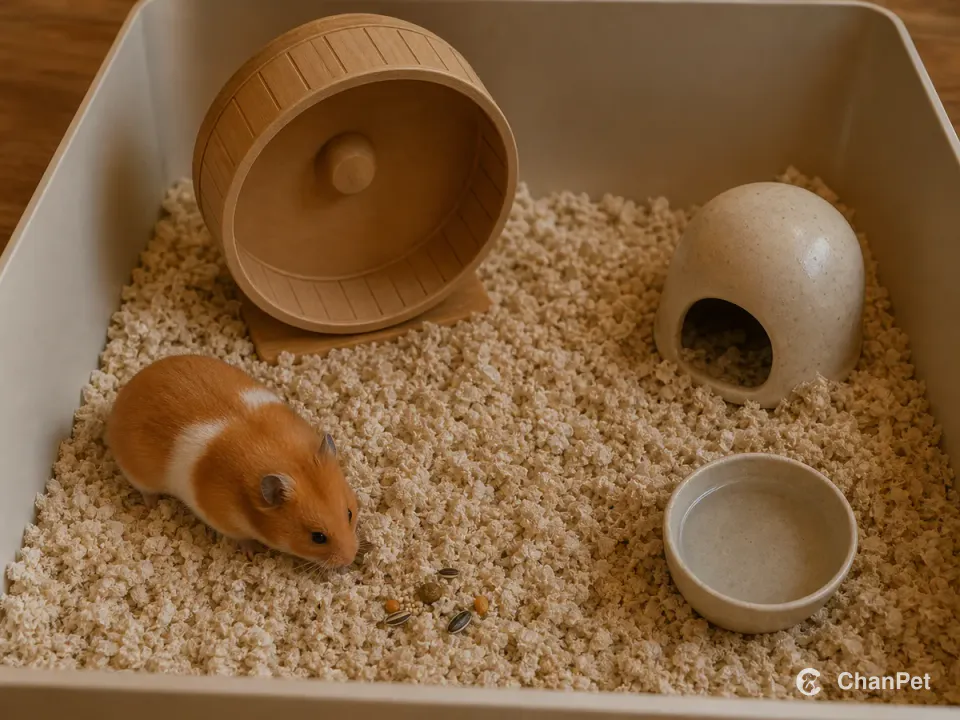 A golden Syrian hamster sniffing food in deep paper bedding beside a wheel, ceramic hide, and water dish