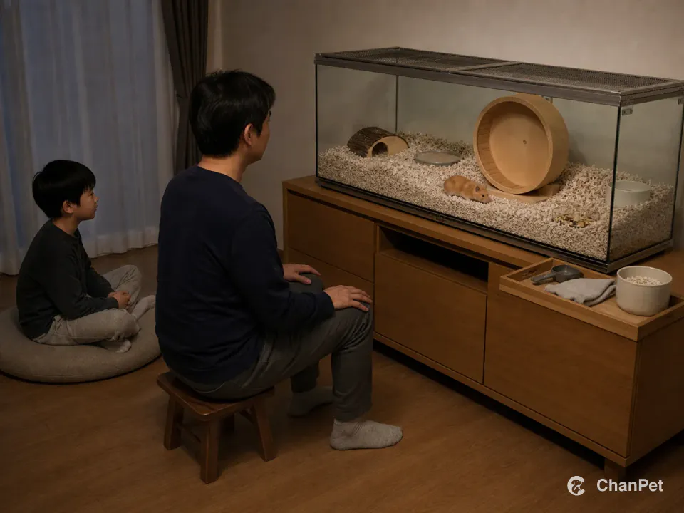 夜间，一名成人坐在大型闭合玻璃饲养箱前的低凳上，双手放在腿上；一名儿童在更远的地垫上盘腿安静观察，双手置于膝间。箱内只有一只成年金丝熊在大尺寸实心跑轮旁活动，深垫料、水碗和藏屋清楚可见，维护托盘留在箱外成人一侧。