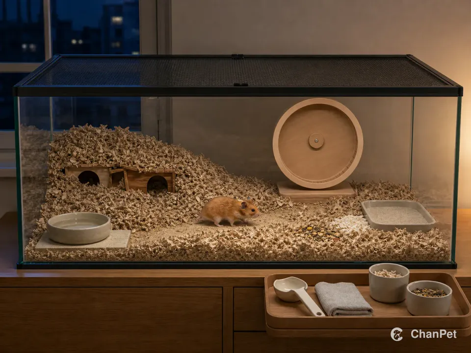One adult Syrian golden hamster crosses deep bedding toward a large solid wheel at night. Inside the spacious glass enclosure are a raised water bowl, scattered food, a sand bath and a small patch of fresh bedding, while the fully closed mesh lid separates them from the maintenance tray outside.