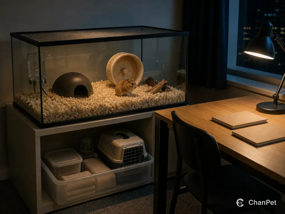 At night beside a study desk, a golden Syrian hamster is active inside a spacious glass habitat with a closed mesh lid, while a carrier and backup supplies are stored on the shelf below.