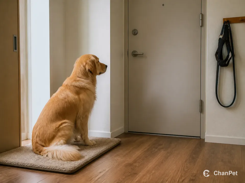 一只金毛寻回犬安静坐在公寓门口的垫子上,旁边挂着无标识的胸背和牵引。