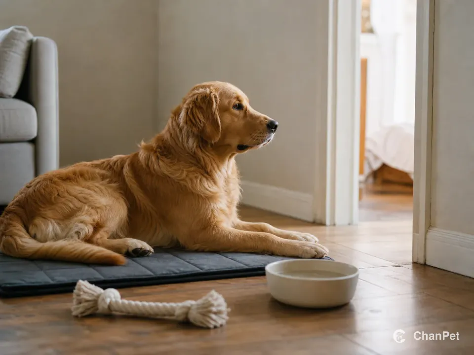 A Golden Retriever resting calmly on an indoor training mat beside water and a rope toy