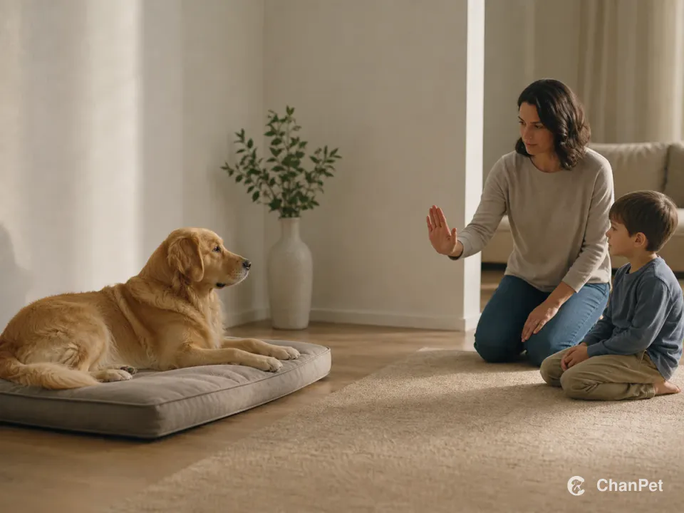 A Golden Retriever rests on a bed while an adult calmly guides a child to keep a respectful distance.