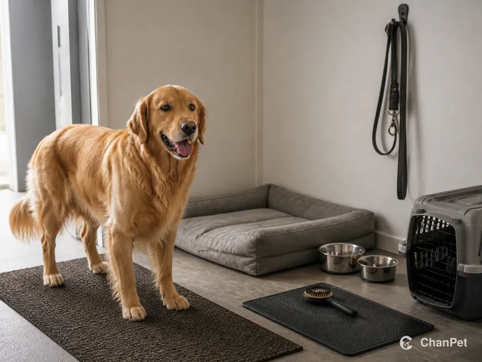 A Golden Retriever stands on an entry mat beside a durable bed, food and water bowls, a stored lead, grooming mat and plain carrier.