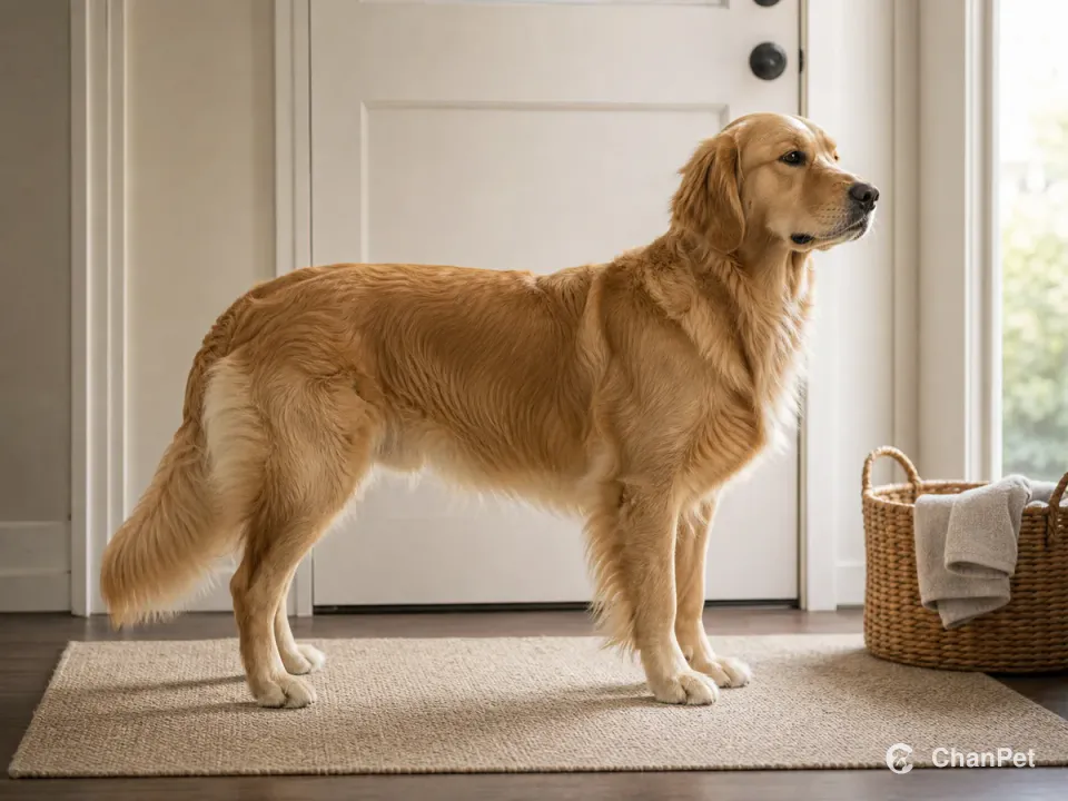 An adult Golden Retriever stands calmly on an entry mat beside a plain towel and basket.