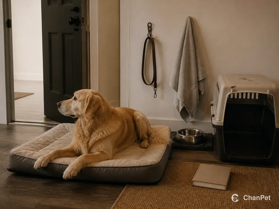一只金毛寻回犬安静趴在进门处的睡垫上，旁边有收好的牵引、毛巾、水碗、打开的纯色运输箱和一本无字笔记本。