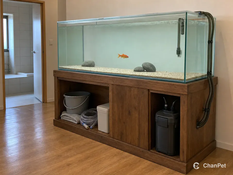 One common single-tail goldfish swims in a large closed glass aquarium that rests fully on a deep wooden cabinet. Two canister-filter hoses run up the cabinet exterior and over the rear rim, while a bucket, towels and coiled siphon sit in the left shelf beside a clear floor route to the nearby cleaning area.