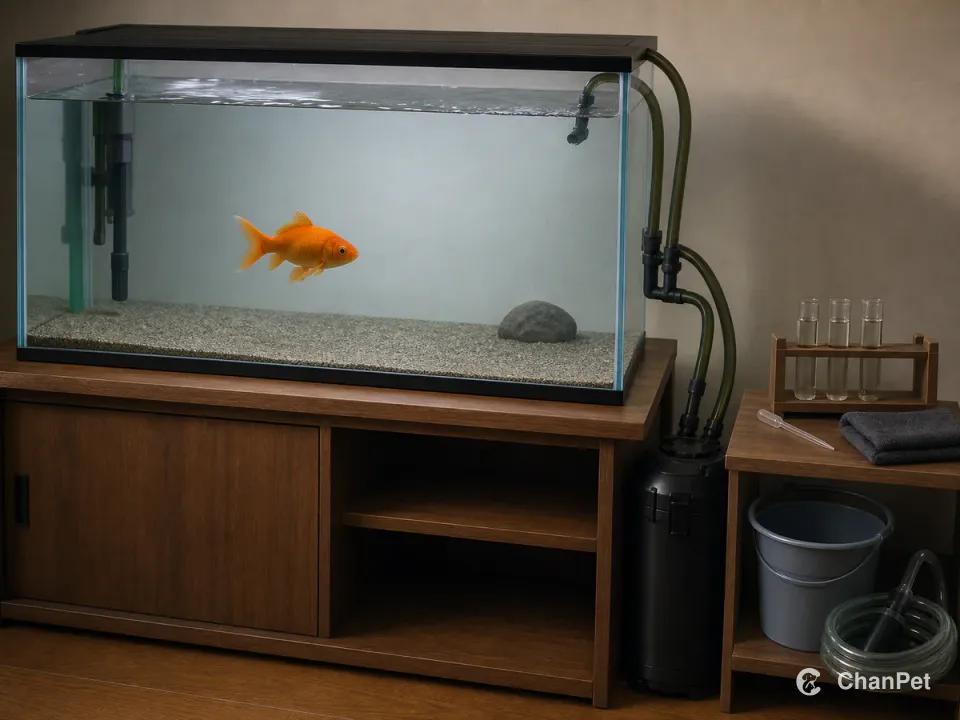 A single-tail goldfish swims in a spacious aquarium beside a filter, blank test vials, water-change bucket, and siphon hose