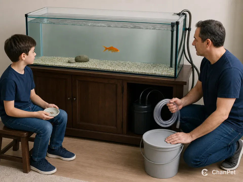 A school-age child sits outside a large closed aquarium, holding a shallow dish with a tiny portion of pellets and waiting. An adult kneels on the other side, holding a coiled siphon with one hand and steadying a lidded water-change bucket with the other. A canister filter and its over-rim hoses operate beside one common single-tail goldfish in open water.