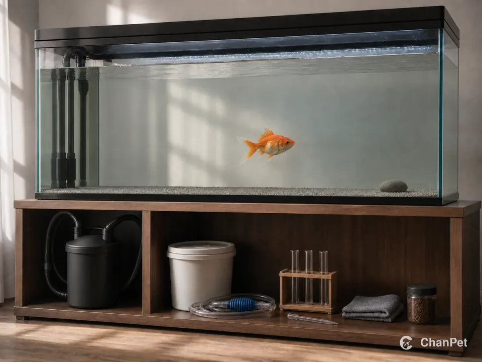 A single-tail goldfish swims in a spacious aquarium above an organized filter, bucket, siphon, test vials, and food jar