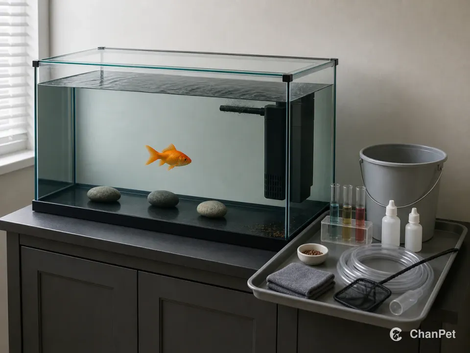 One common single-tail goldfish swims in a large covered aquarium with an internal filter, while an exterior tray holds unmarked test tubes, a portion cup, siphon, bucket, net, and towel