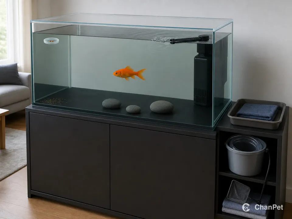 One common single-tail goldfish swims in a large covered aquarium with an internal filter, a few leftovers in a feeding ring, and a side cubby storing a bucket, siphon, net, and towels
