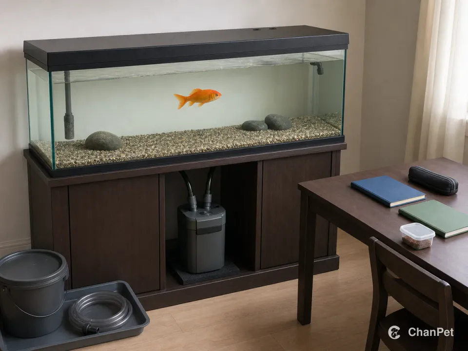 One common single-tail goldfish swims in a fixed large aquarium with a canister filter below, blank study materials and sealed food beside it, and water-change gear ready