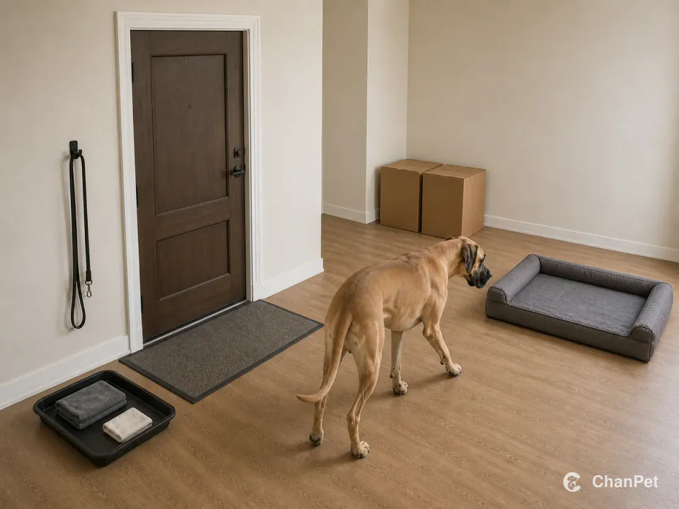 An adult Great Dane follows a clear turn from a complete entry mat toward an oversized bed, with leash, cleanup tray and two sealed moving boxes kept outside the route.
