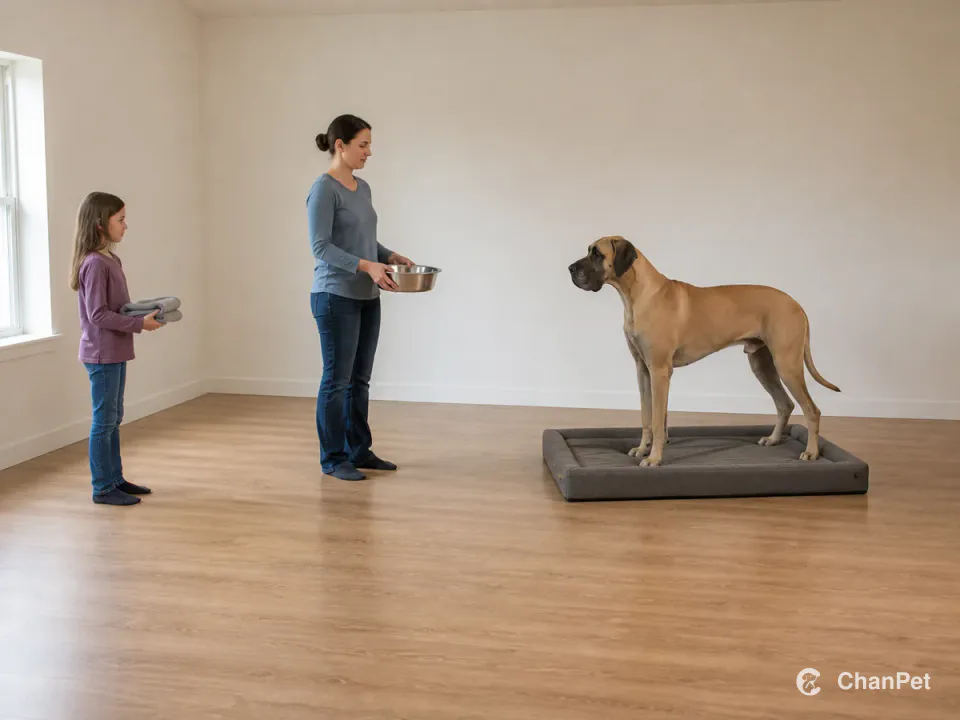 An adult carries the empty bowl between a child holding folded towels and a natural-eared Great Dane standing on a complete bed with a wide clear route