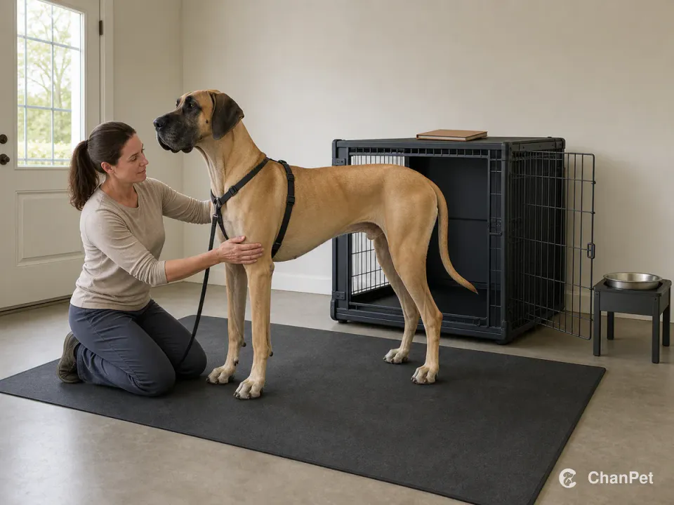 A caregiver checks a Great Dane's body condition on a wide mat beside a giant transport crate and blank health folder.