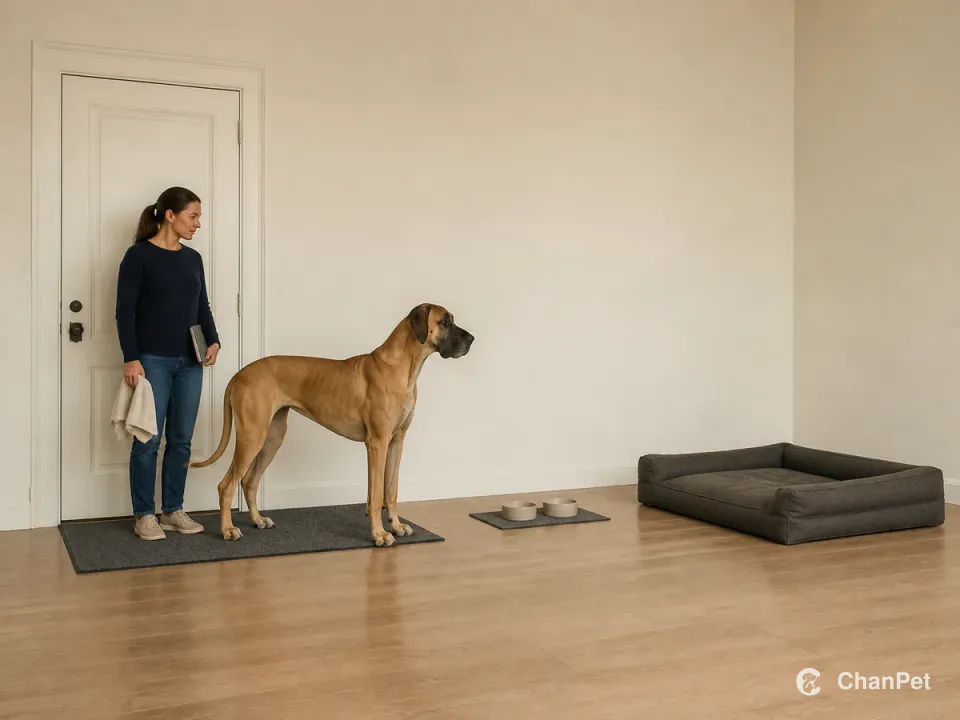 A caregiver holds a towel and blank notebook beside a Great Dane, with bowls and a large dog bed arranged along one clear route