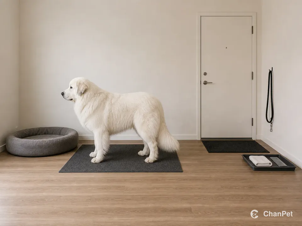 A Great Pyrenees waits on a station mat away from a closed apartment door, leaving a wide passage beside the entry mat, leash and cleanup tray.