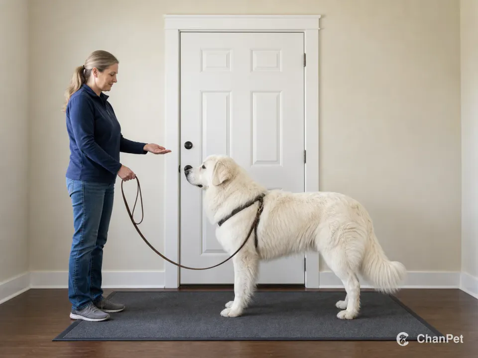 A caregiver holds a slack leash and offers one reward to a Great Pyrenees standing on a station mat before a fully closed door