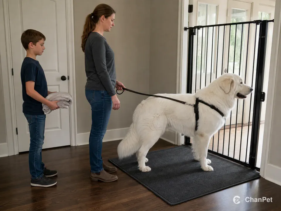 成人在关闭的门栏前牵住站在固定垫位的大白熊犬，孩子在垫外抱着清洁毛巾等待