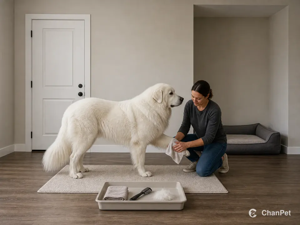 A caregiver towels a Great Pyrenees paw by the closed door while one tray contains loose coat and the route to the dog bed stays clear