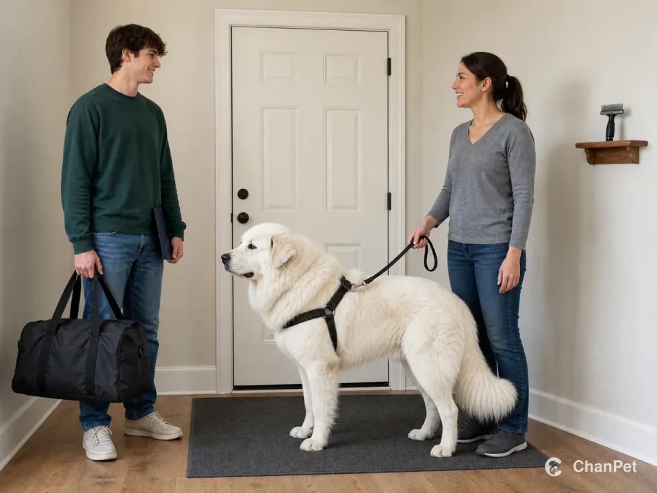 A student stands with a plain duffel by a closed door while a backup caregiver holds the harnessed Great Pyrenees beside a grooming rake