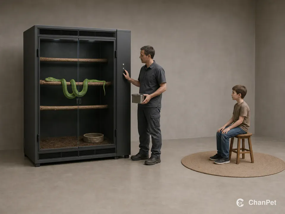 A green tree python rests in a closed tall enclosure while an adult checks the external climate panel and a child observes from a separate mat