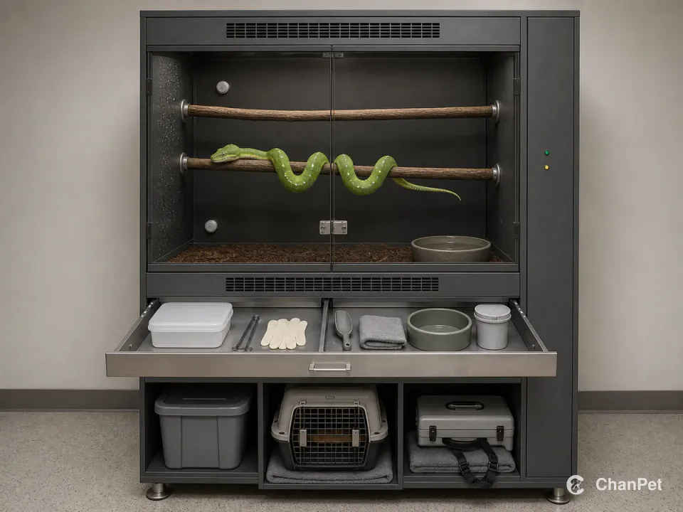 A green tree python rests in a closed vertical enclosure above integrated climate equipment, prey-hygiene tools, a carrier, and a veterinary trip caddy