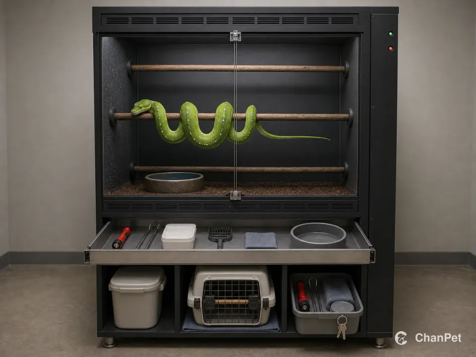 A green tree python rests on a perch in a closed tall enclosure above an integrated hygiene drawer, carrier, and travel handoff kit