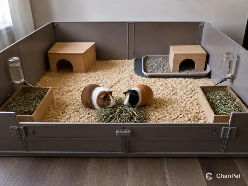 Two guinea pigs eat hay in a roomy enclosure with two water points, two hides, two hay stations and a separate easy-clean area.