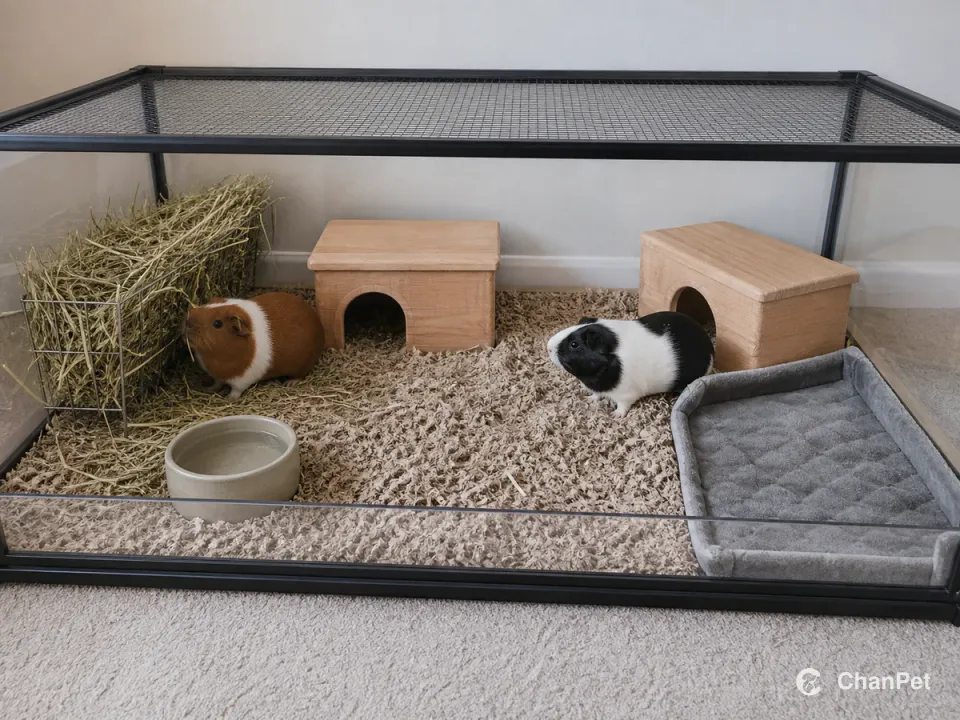Two adult short-haired guinea pigs stay inside a closed enclosure, one beside hay and one near a hide, with water and a replaceable absorbent liner in separate areas.