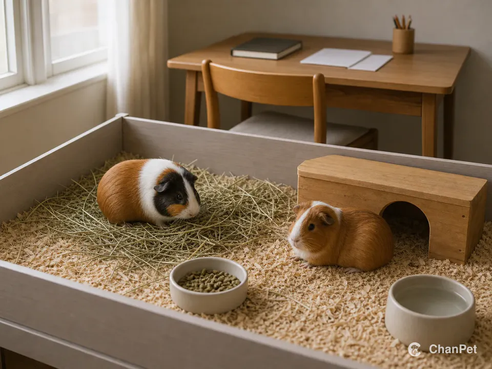 Two guinea pigs eat hay in an open-topped pen beside a tidy study desk