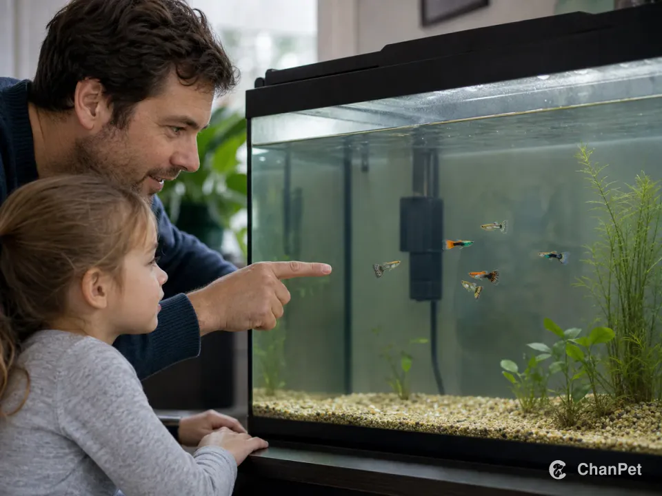 An adult and child observe a small group of guppies through intact aquarium glass.