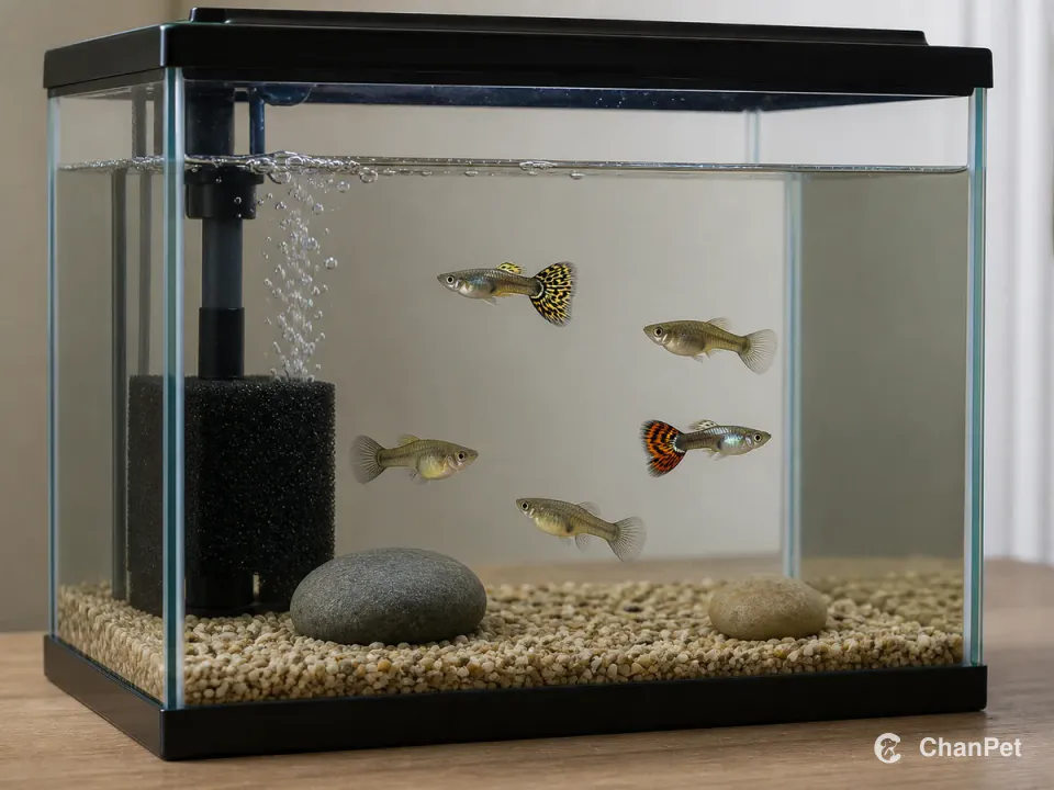 Five guppies swim beside a running internal filter in a modest closed aquarium with gravel and smooth stones.