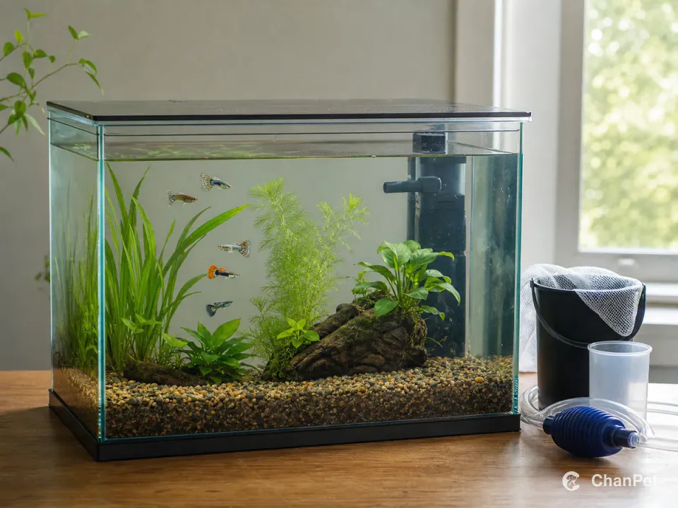 A small group of guppies swim in a planted freshwater aquarium with a lid; unbranded maintenance tools sit outside the tank.
