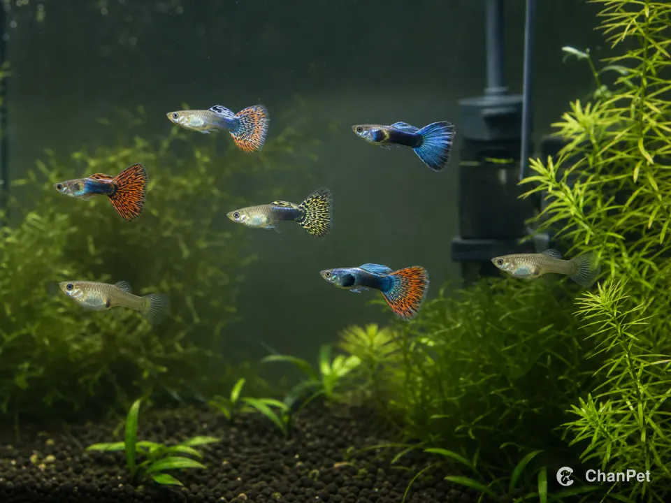 A small group of healthy guppies swims in a clear planted freshwater aquarium, with an unbranded filter at the rear right.