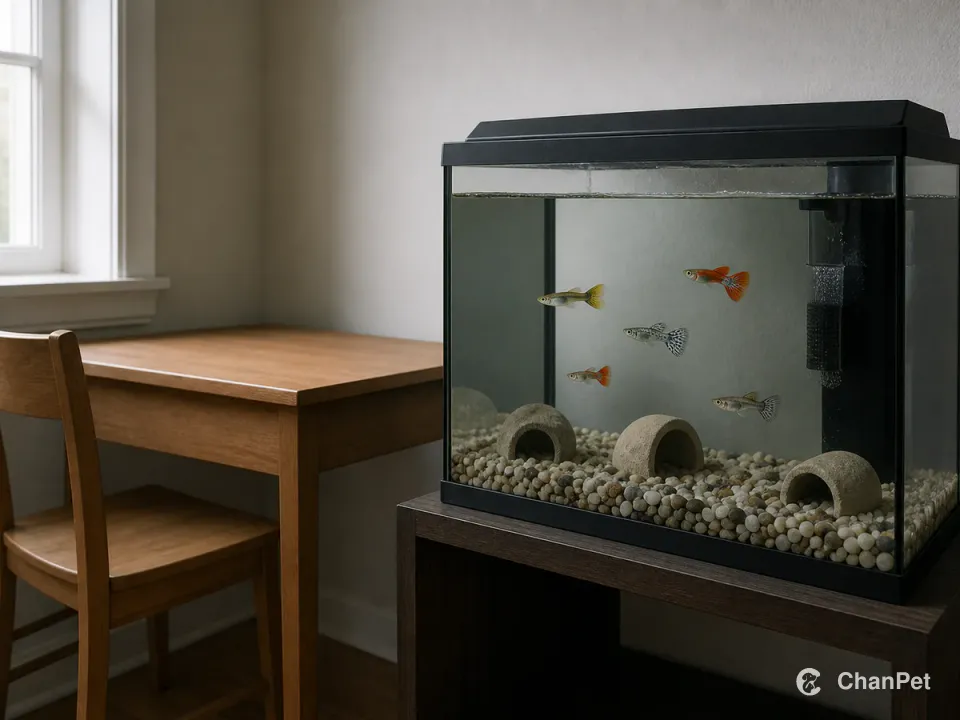 Five guppies swim in a lidded aquarium beside an unmarked wooden desk, with clear water, pebble substrate and a filter.
