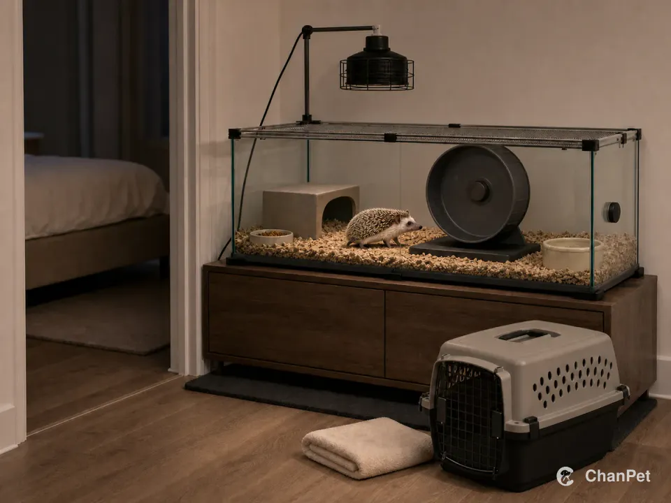 An adult African pygmy hedgehog walks across bedding toward a solid wheel inside a large glass enclosure with a fully clipped mesh lid. A dark external ceramic heater, an unmarked sensor on the outer right glass, a damping mat, the distant bedroom and an empty closed carrier show the warmth, sound and moving plan.