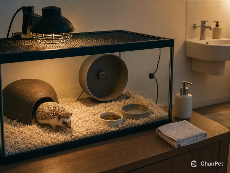 A hedgehog leaves its hide in a closed enclosure with a guarded heat source, solid wheel, food and water beside a handwashing point