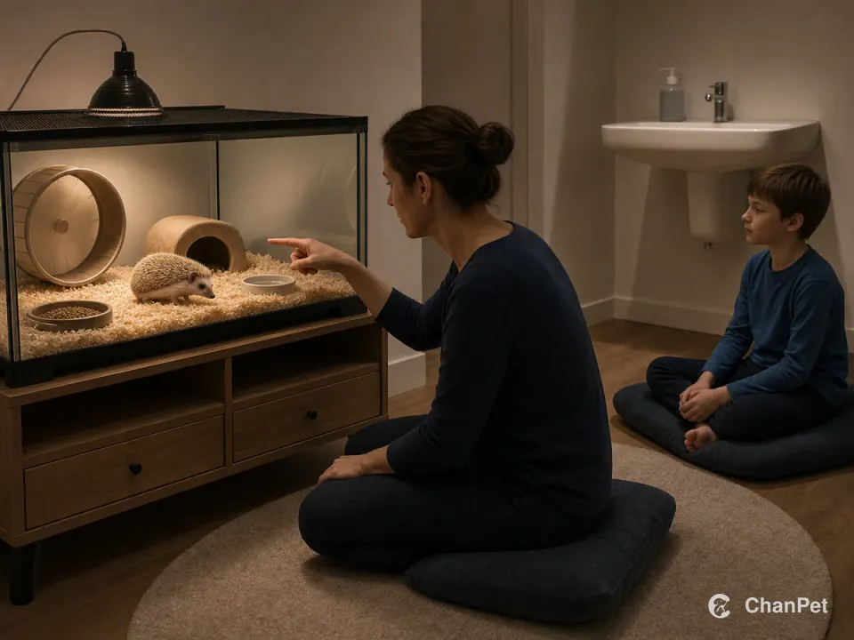 An adult sits beside a closed hedgehog enclosure while a school-age child watches from a separate cushion near a handwashing point