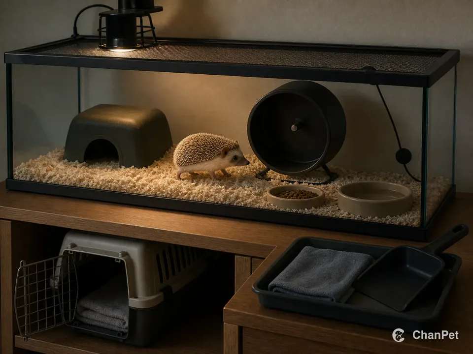 A hedgehog lives in a closed habitat where safe heat, a solid wheel, food, water, a cleaning tray, and a carrier each have a place