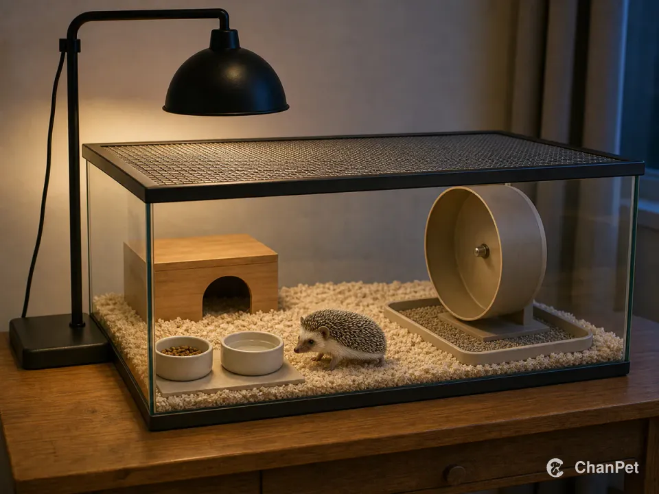 An African pygmy hedgehog moves inside a closed glass enclosure with food, water, a solid wheel, spot-cleaning tray, and external heater.